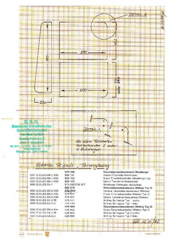 FD0 - Türscheibe Komatsu Bagger ab ca. 8to.PC 210-5 aufwärts (Ottoson Kabine) Türschiebescheibe oben (Whitney Fenster)